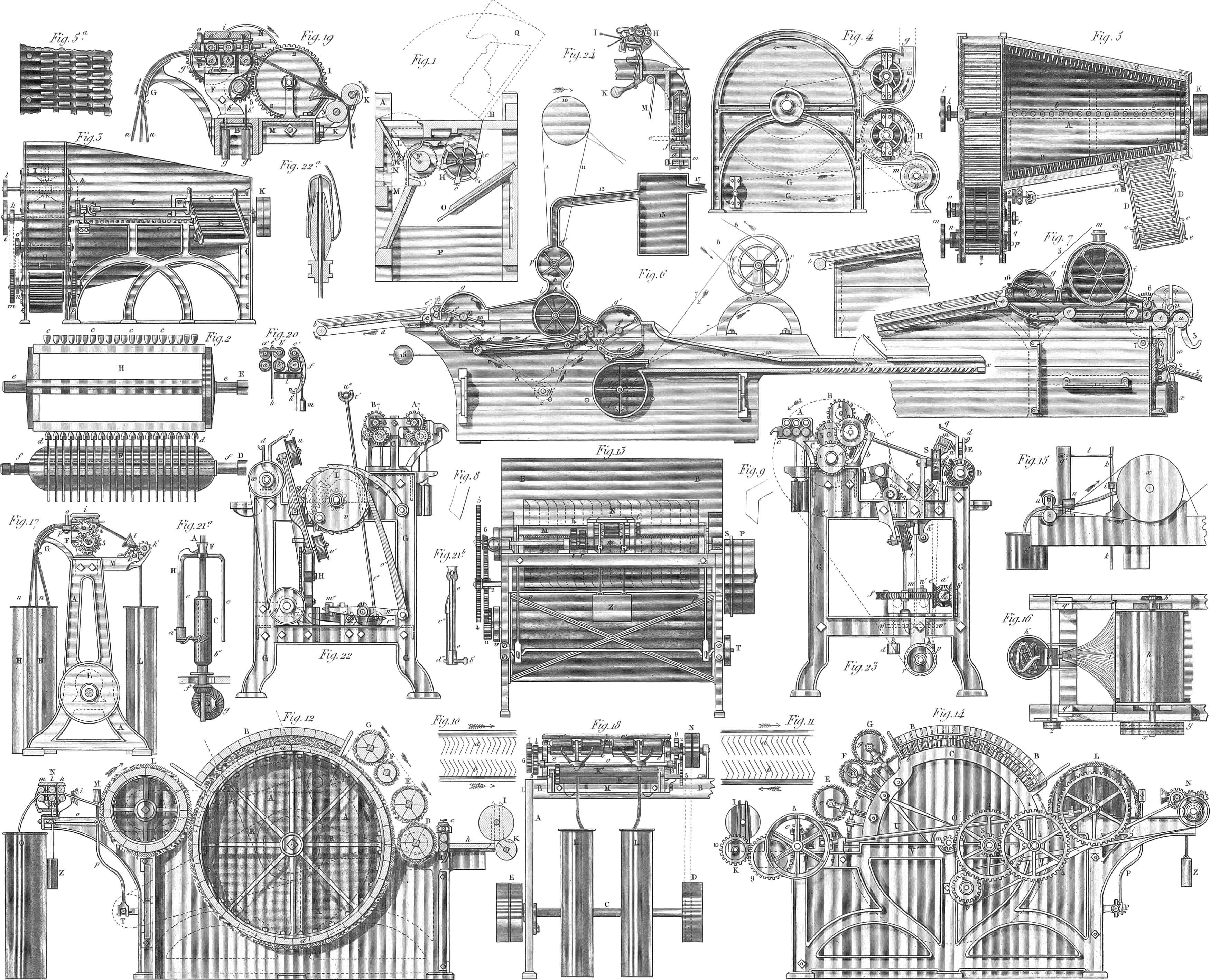 An engraving of cotton processing equipment